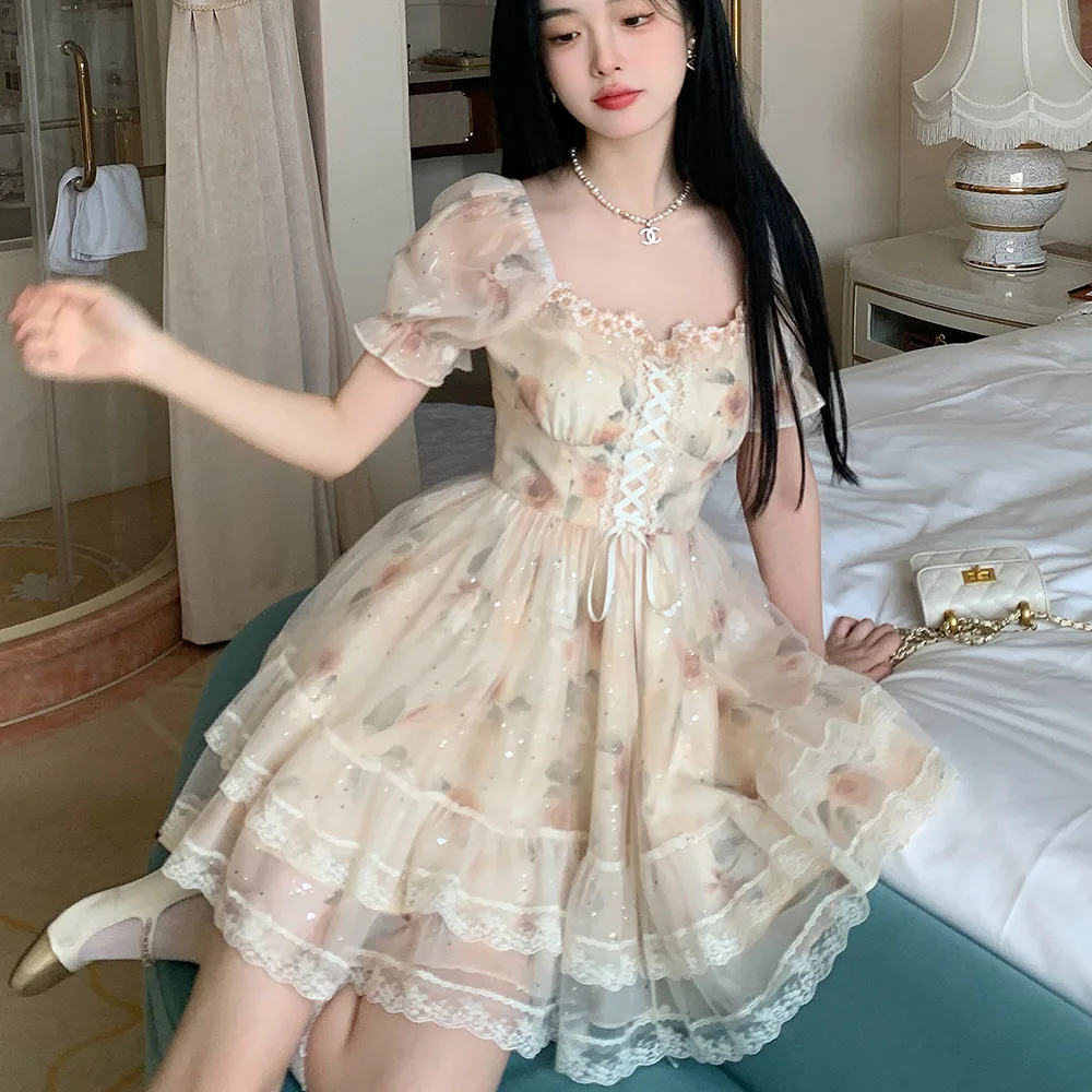 Sweet Printed Bubble Sleeve Dress Women's Summer Lace-up Fluffy Cute Princess Dresses Female Sequin Lace Kawaii Mini Dress Girls
Sweet Printed Bubble Sleeve Dress Women's Summer Lace-up Fluffy Cute Princess Dresses Female Sequin Lace Kawaii Mini Dress Girls