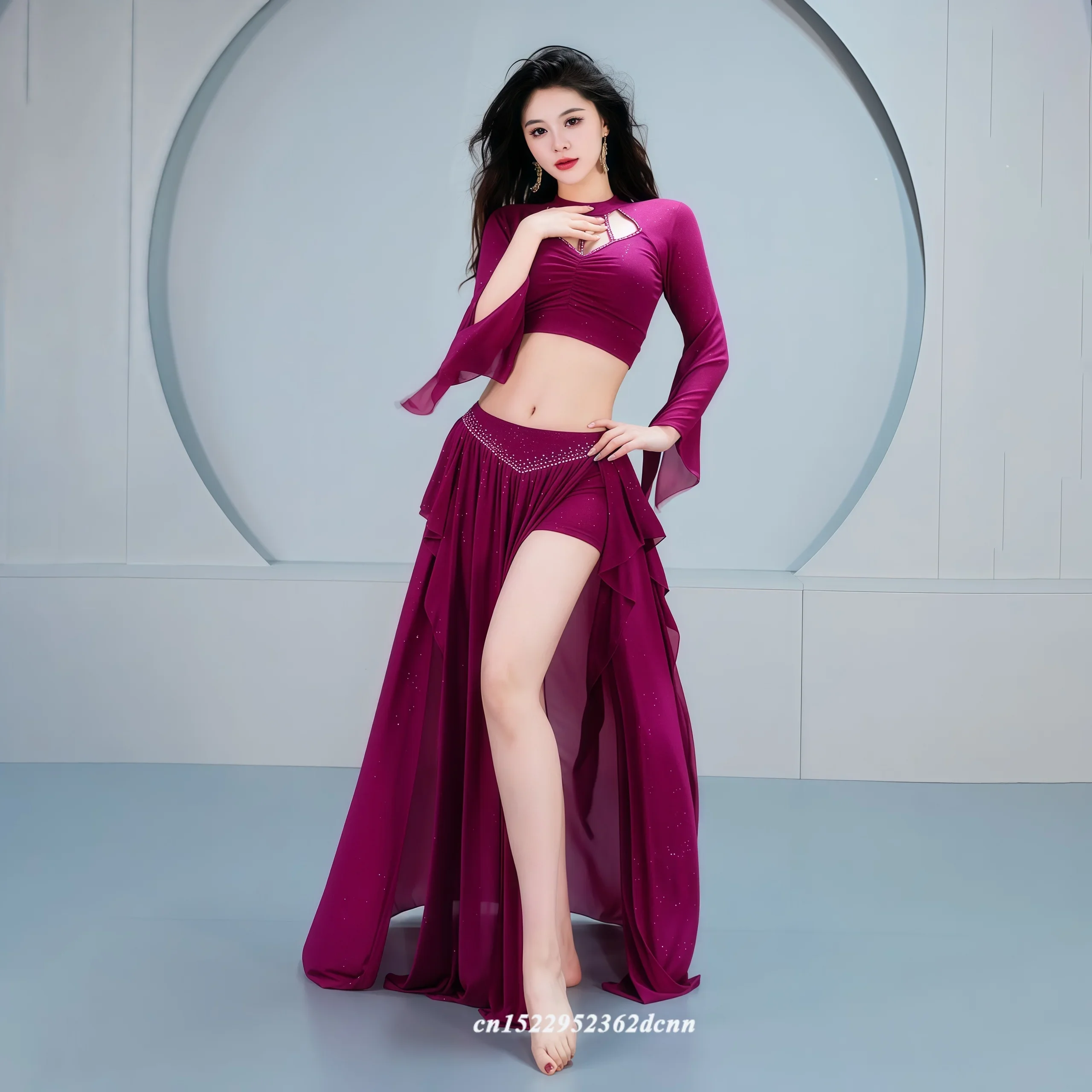 Женский костюм для танца живота, топ с длинными рукавами + юбка, лента в виде листьев лотоса, одежда для сценических тренировок
Женский костюм для танца живота, топ с длинными рукавами + юбка, лента в виде листьев лотоса, одежда для сценических тренировок