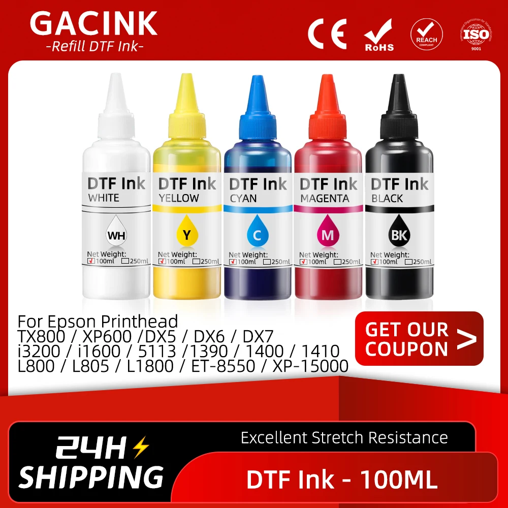 100ML DTF Ink For T-shirt Transfer Printing For Epson L800 L1800 XP-15000 XP600 TX800 P600 P608 P800 DX5 DX7 i3200 4720 i1600
100ML DTF Ink For T-shirt Transfer Printing For Epson L800 L1800 XP-15000 XP600 TX800 P600 P608 P800 DX5 DX7 i3200 4720 i1600