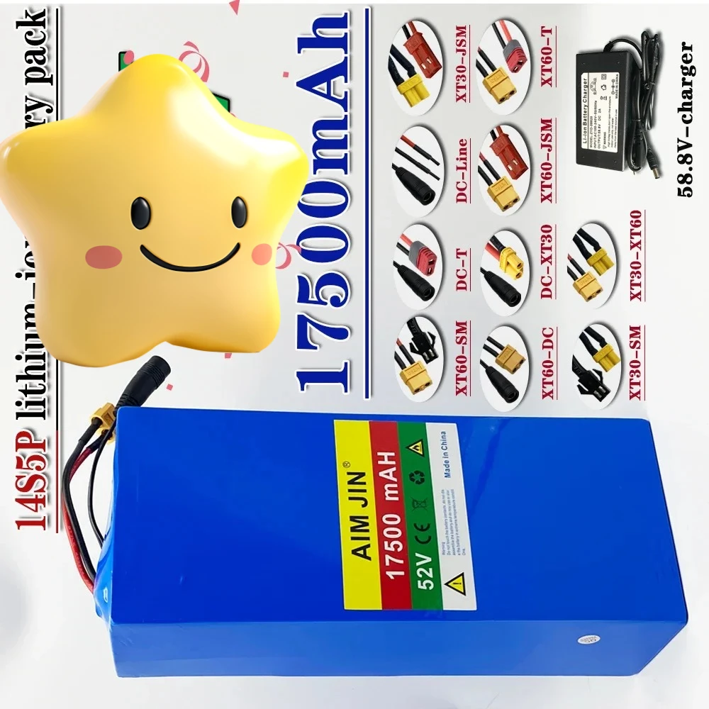14S5P 52V 17500mAh 18650 Lithium Battery with BMS for 1500W Devices And Transportation Equipment Charger Included
14S5P 52V 17500mAh 18650 Lithium Battery with BMS for 1500W Devices And Transportation Equipment Charger Included