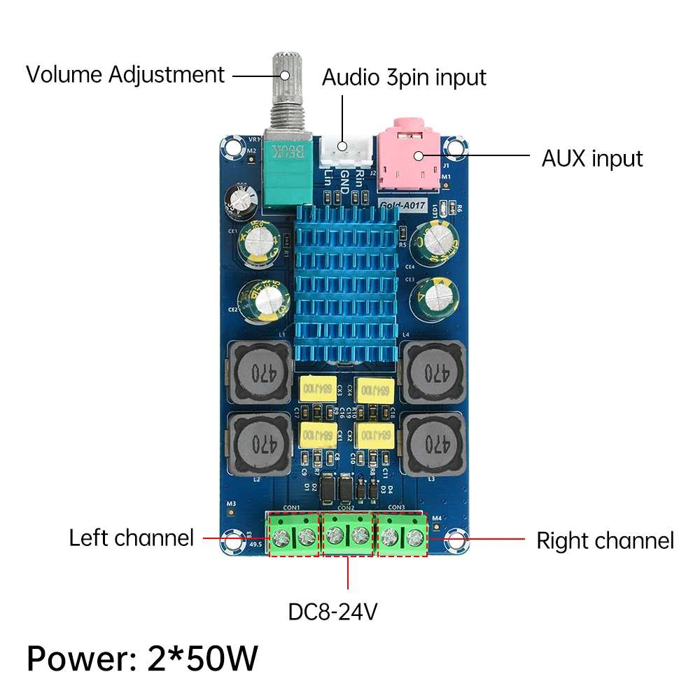 DC 8-24V 50W X2 TPA3116 D2 Dual Channel Digital Power Audio Amplifier Board Electronic Component Kit
DC 8-24V 50W X2 TPA3116 D2 Dual Channel Digital Power Audio Amplifier Board Electronic Component Kit