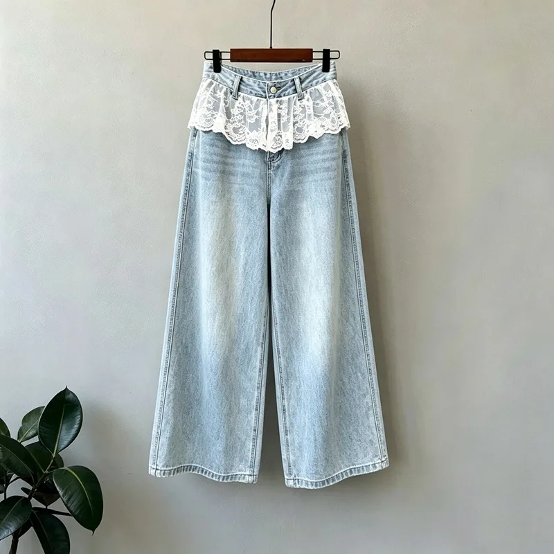 Spring Summer New Lace Jeans For Women Korean Casual Fashion Female Washed Light Blue Straight Leg Fake 2 Pieces Denim Pants
Spring Summer New Lace Jeans For Women Korean Casual Fashion Female Washed Light Blue Straight Leg Fake 2 Pieces Denim Pants