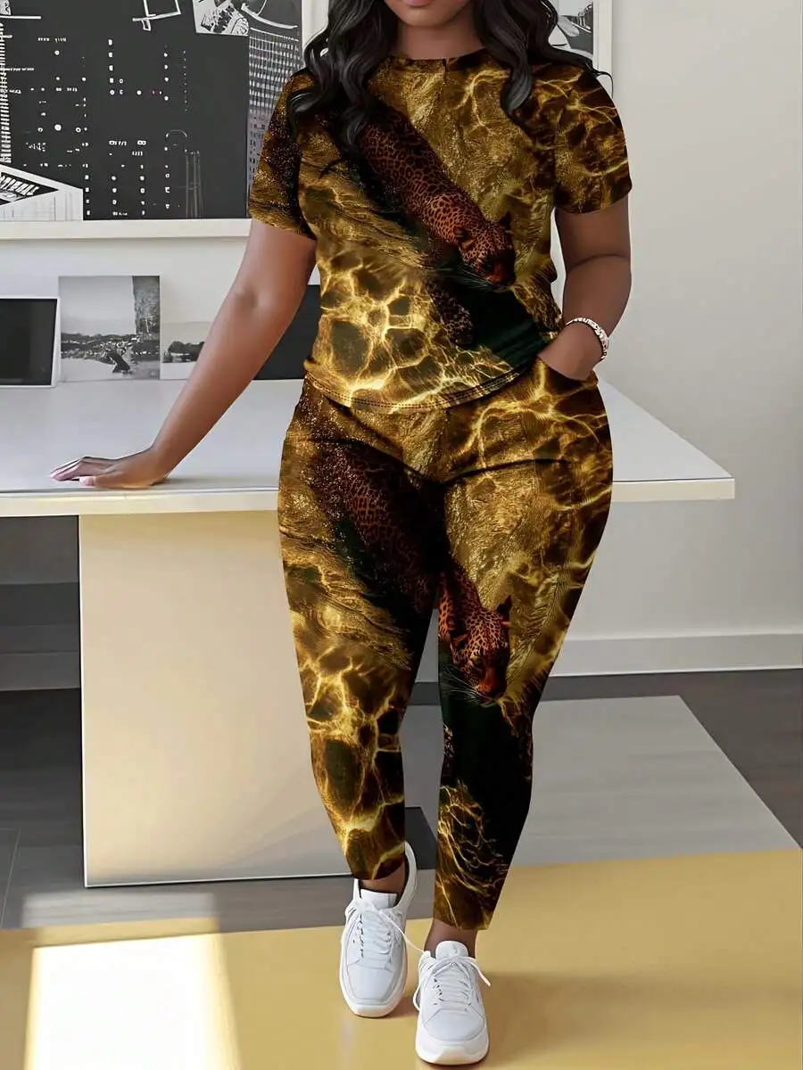 Plus Size Women Two Piece Set Short Sleeve Leopard Print T-Shirt And Pants Casual Home Leisure Outfit With Pockets
Plus Size Women Two Piece Set Short Sleeve Leopard Print T-Shirt And Pants Casual Home Leisure Outfit With Pockets