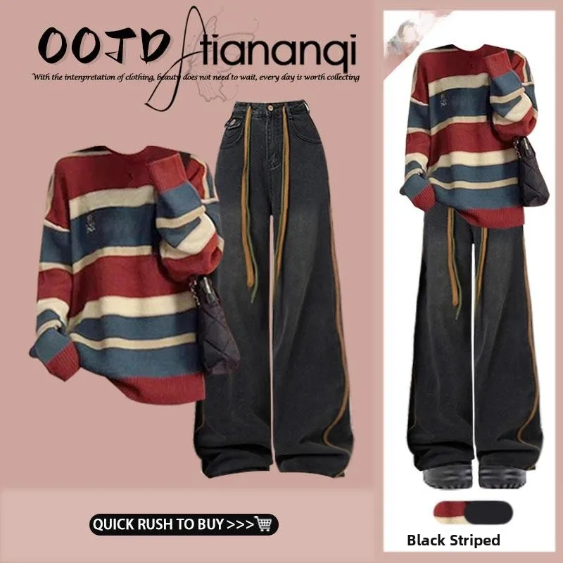 Retro Striped Sweater And High Waist Wide Leg Jeans Set Women's Soft Knitted Top plus Size Comfortable Spring Faion Outfit
Retro Striped Sweater And High Waist Wide Leg Jeans Set Women's Soft Knitted Top plus Size Comfortable Spring Faion Outfit