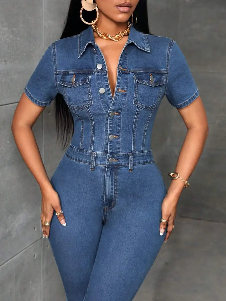 Yellow Denim Jumpsuit With Flap Pockets And Button Front
Yellow Denim Jumpsuit With Flap Pockets And Button Front