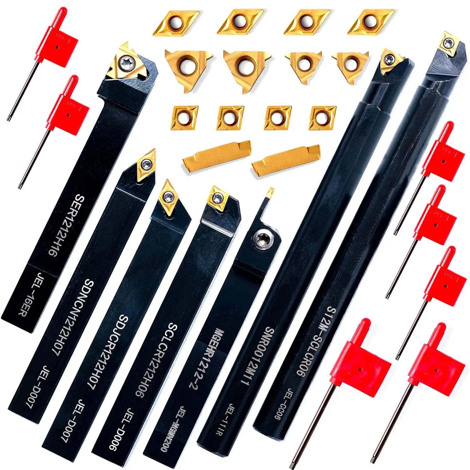 21pcs Lathe Turning Holders with 7pcs Threading Tools and 14pcs Carbide Inserts for Metal Lathe Cutting
21pcs Lathe Turning Holders with 7pcs Threading Tools and 14pcs Carbide Inserts for Metal Lathe Cutting
