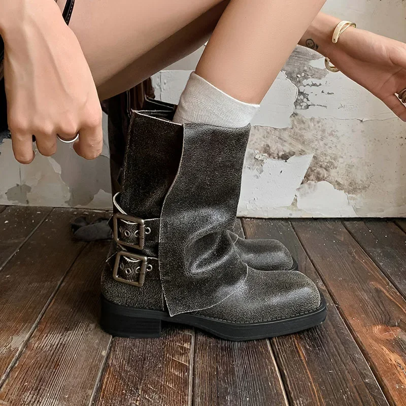 New Arrivals Genuine Leather Boots Metal Buckle Belt Turn-over-the-edge Chunky High Heel Square Toe Splicing Slip-on Women Shoes
New Arrivals Genuine Leather Boots Metal Buckle Belt Turn-over-the-edge Chunky High Heel Square Toe Splicing Slip-on Women Shoes