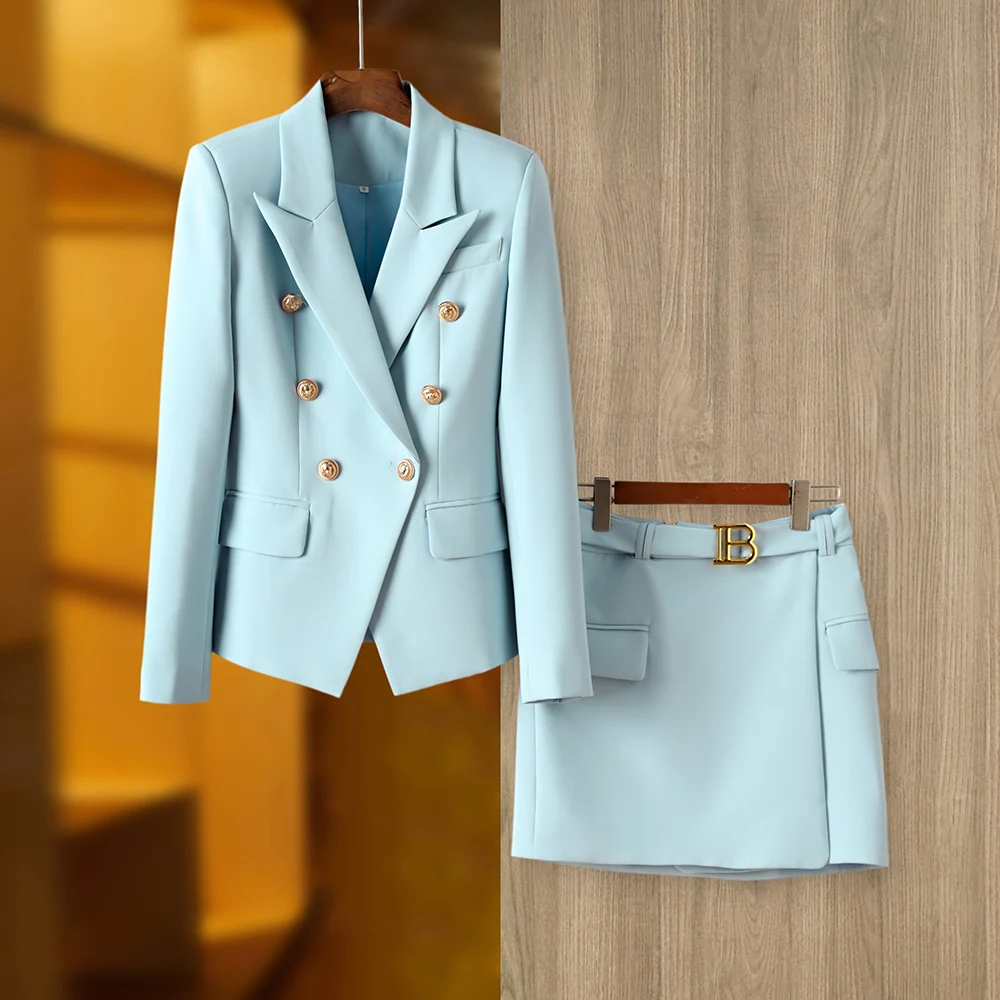 Baby Blue Double-breasted Blazer Skirt 2 Pcs Elegant Set Women Fashion Office Lady Solid Color Suit
Baby Blue Double-breasted Blazer Skirt 2 Pcs Elegant Set Women Fashion Office Lady Solid Color Suit
