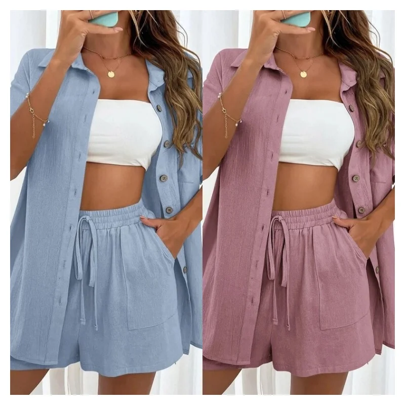 Летняя рубашка с коротким рукавом и шорты, комплект из двух предметов, женская хлопковая одежда, повседневная свободная рубашка на пуговицах, шорты, наряды
Летняя рубашка с коротким рукавом и шорты, комплект из двух предметов, женская хлопковая одежда, повседневная свободная рубашка на пуговицах, шорты, наряды