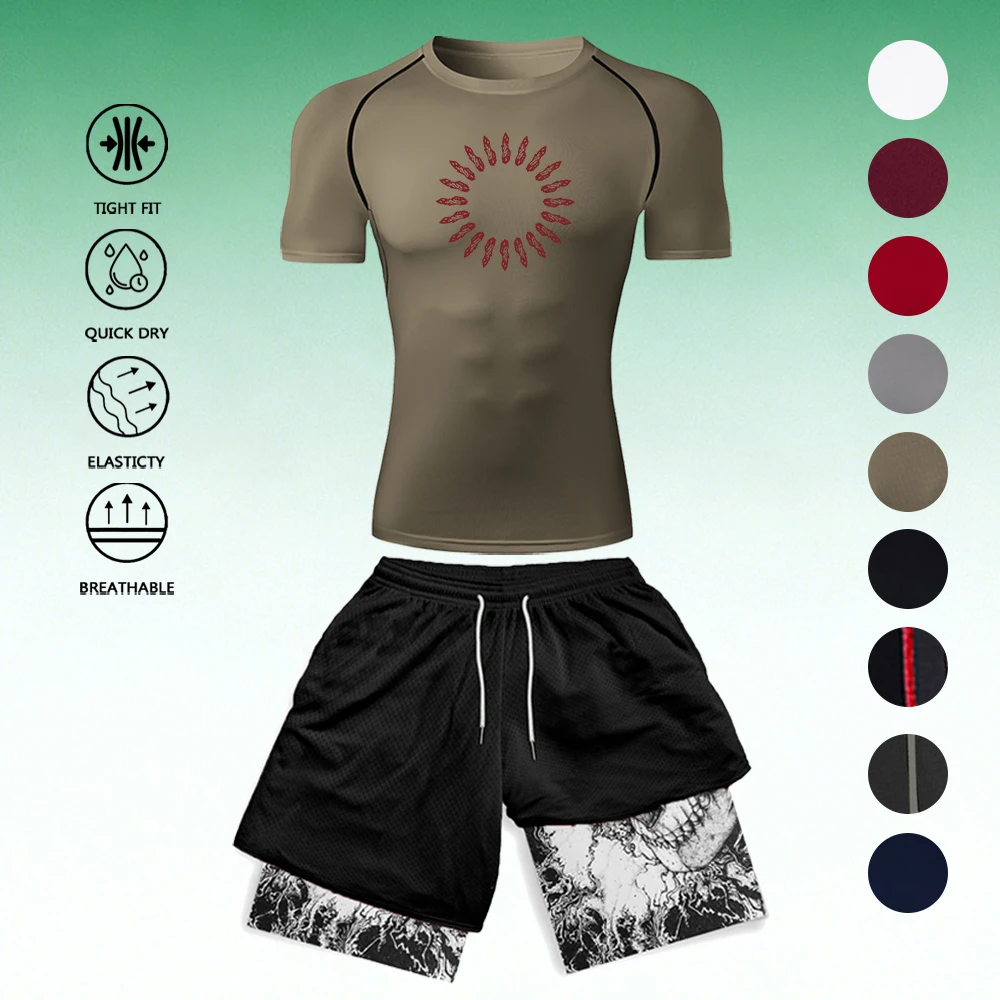 Men's 2Pcs Compression Workout T-Shirt Sun Bullet Print + 3D Double Layer Shorts Set Quick Dry Breathable Gym Running Sportswear
Men's 2Pcs Compression Workout T-Shirt Sun Bullet Print + 3D Double Layer Shorts Set Quick Dry Breathable Gym Running Sportswear