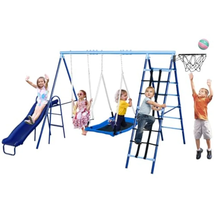 6-in-1 Swing Set for Backyard Ages 4-12 600lbs Ccity with Slide Climbing Net and Basketball Hoop Heavy-Duty A-Frame Metal Stand
6-in-1 Swing Set for Backyard Ages 4-12 600lbs Ccity with Slide Climbing Net and Basketball Hoop Heavy-Duty A-Frame Metal Stand