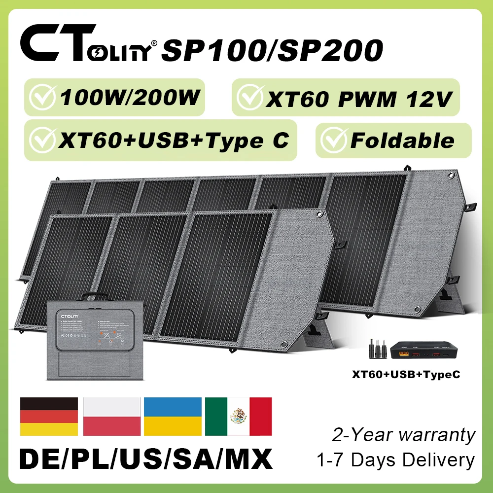 CTOLITY 100W 200W Foldable Solar Panel XT60 USB Type C Port Solar Charger for Outdoor 23% High-Efficiency Off-Grid Solar System
CTOLITY 100W 200W Foldable Solar Panel XT60 USB Type C Port Solar Charger for Outdoor 23% High-Efficiency Off-Grid Solar System