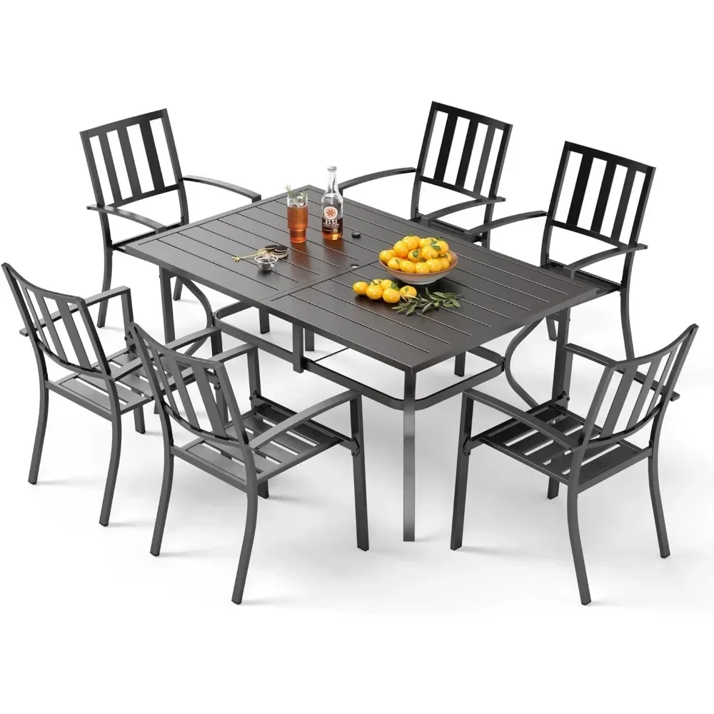 7 Piece Outdoor Dining Set for 6, 60”Rectangular Metal Steel Dining Table with Umbrella Hole & Stackable Dining Chairs for Patio
7 Piece Outdoor Dining Set for 6, 60”Rectangular Metal Steel Dining Table with Umbrella Hole & Stackable Dining Chairs for Patio