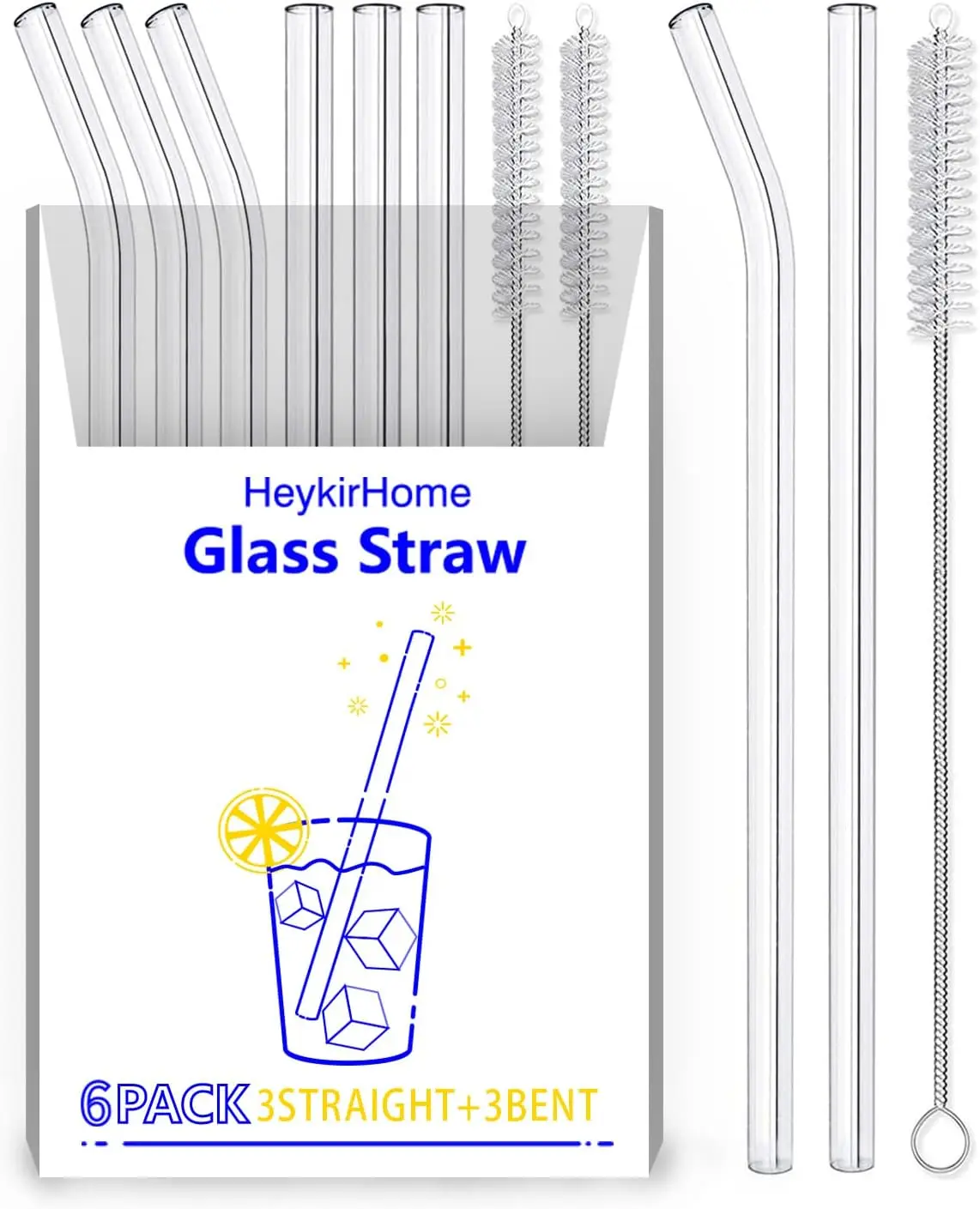 6-Pack Reusable Glass Straws: 8''x10mm, 3 Straight & 3 Bent with Cleaning Brushes for Smoothies, Tea, Juice
6-Pack Reusable Glass Straws: 8''x10mm, 3 Straight & 3 Bent with Cleaning Brushes for Smoothies, Tea, Juice