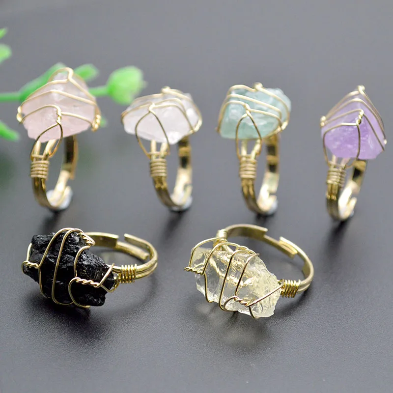 Fashion Irregular Raw Natural Stone Wire Wrap Tourmaline Agate Rose Quartz Crystal Finger Open Resizable Ring for Women
Fashion Irregular Raw Natural Stone Wire Wrap Tourmaline Agate Rose Quartz Crystal Finger Open Resizable Ring for Women