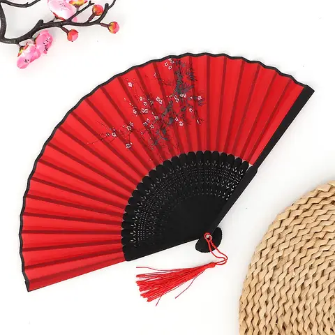 Éventail pliant chinois et japonais en soie de bambou, avec pompon coloré, élégant, vintage, pour femmes, décoration d'intérieur, cadeau