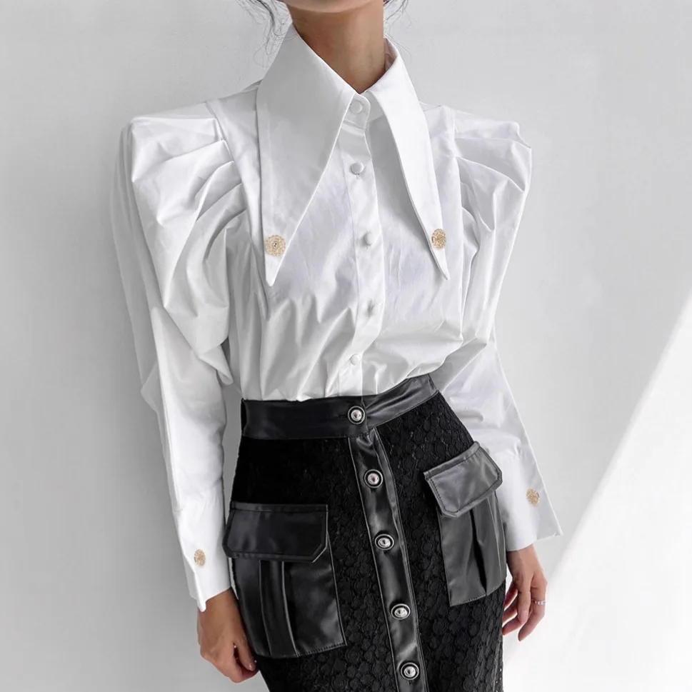 Плиссированная осенняя женская блузка с воротником лаоэль, однобортные подплечники, женская рубашка, минималистичная повседневная рубашка для женщин 
Плиссированная осенняя женская блузка с воротником лаоэль, однобортные подплечники, женская рубашка, минималистичная повседневная рубашка для женщин