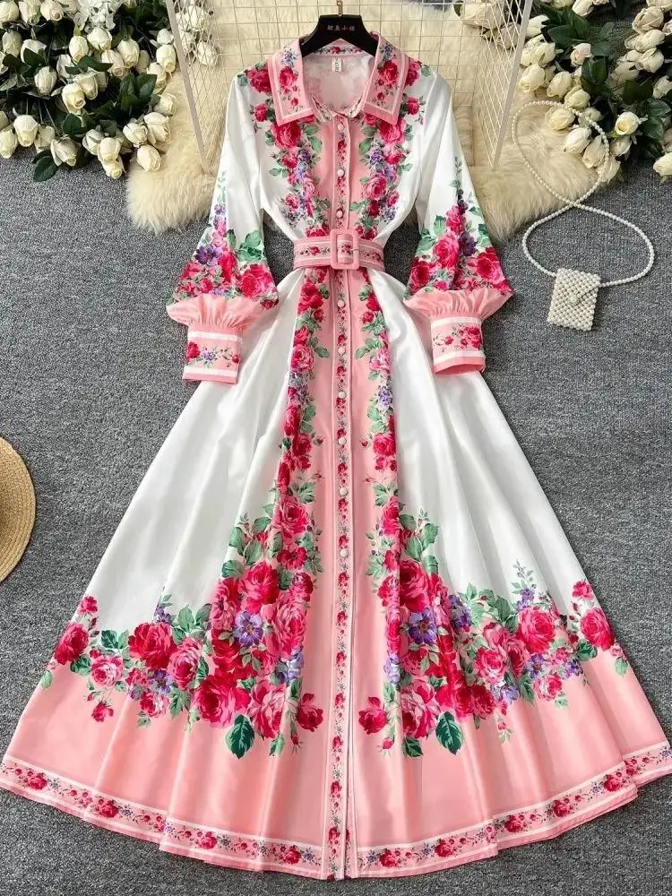 Women's Shirt Collar Long Lantern Sleeve Belt Boho Maxi Dress 2025 Runway Fashion Luxury Rose Flower Robe Party Clothing
Women's Shirt Collar Long Lantern Sleeve Belt Boho Maxi Dress 2025 Runway Fashion Luxury Rose Flower Robe Party Clothing