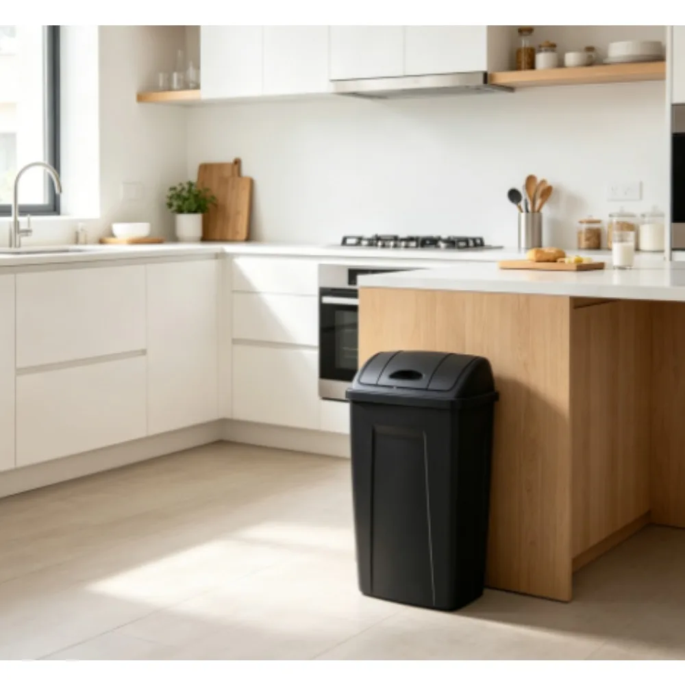 13-gallon plastic trash can with a rotating lid, black
13-gallon plastic trash can with a rotating lid, black