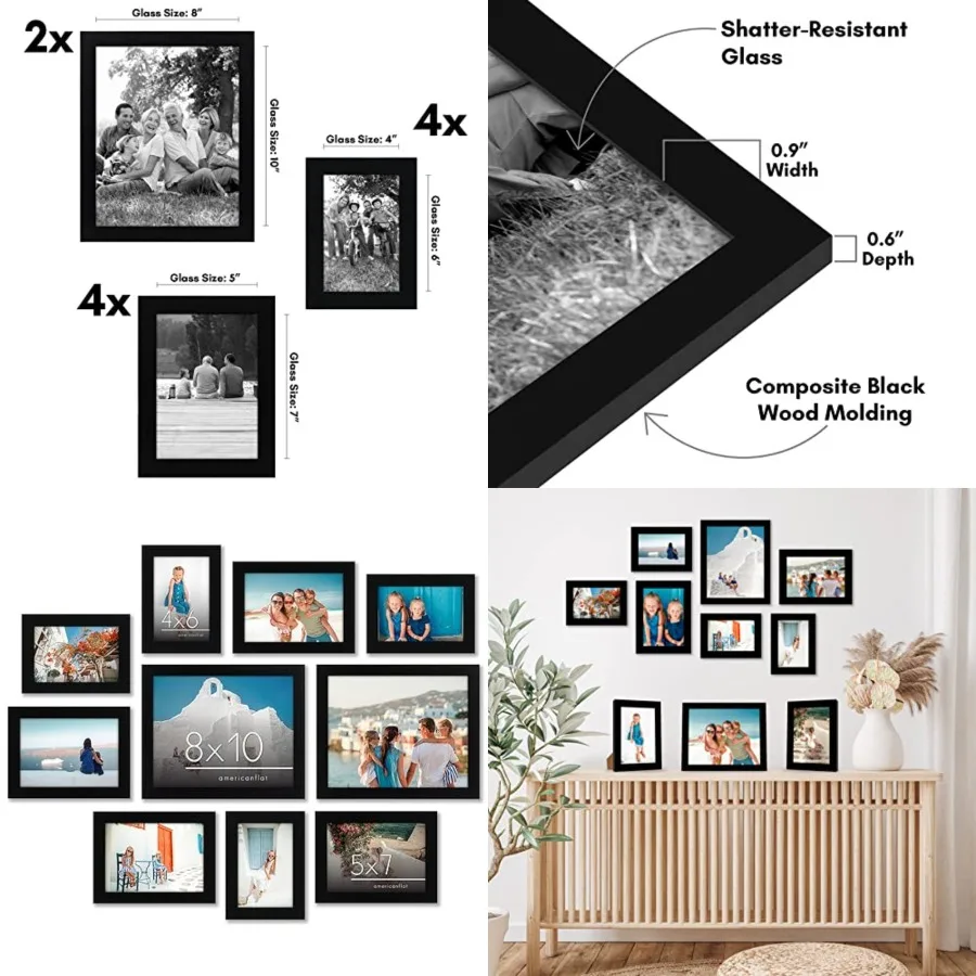 10 Picture Frames with Shatter-Resistant Glass - Gallery Wall Frame Set with Two 8x10, Four 5x7 and Four 4x6 Frames - Signature Collection - Black
10 Picture Frames with Shatter-Resistant Glass - Gallery Wall Frame Set with Two 8x10, Four 5x7 and Four 4x6 Frames - Signature Collection - Black