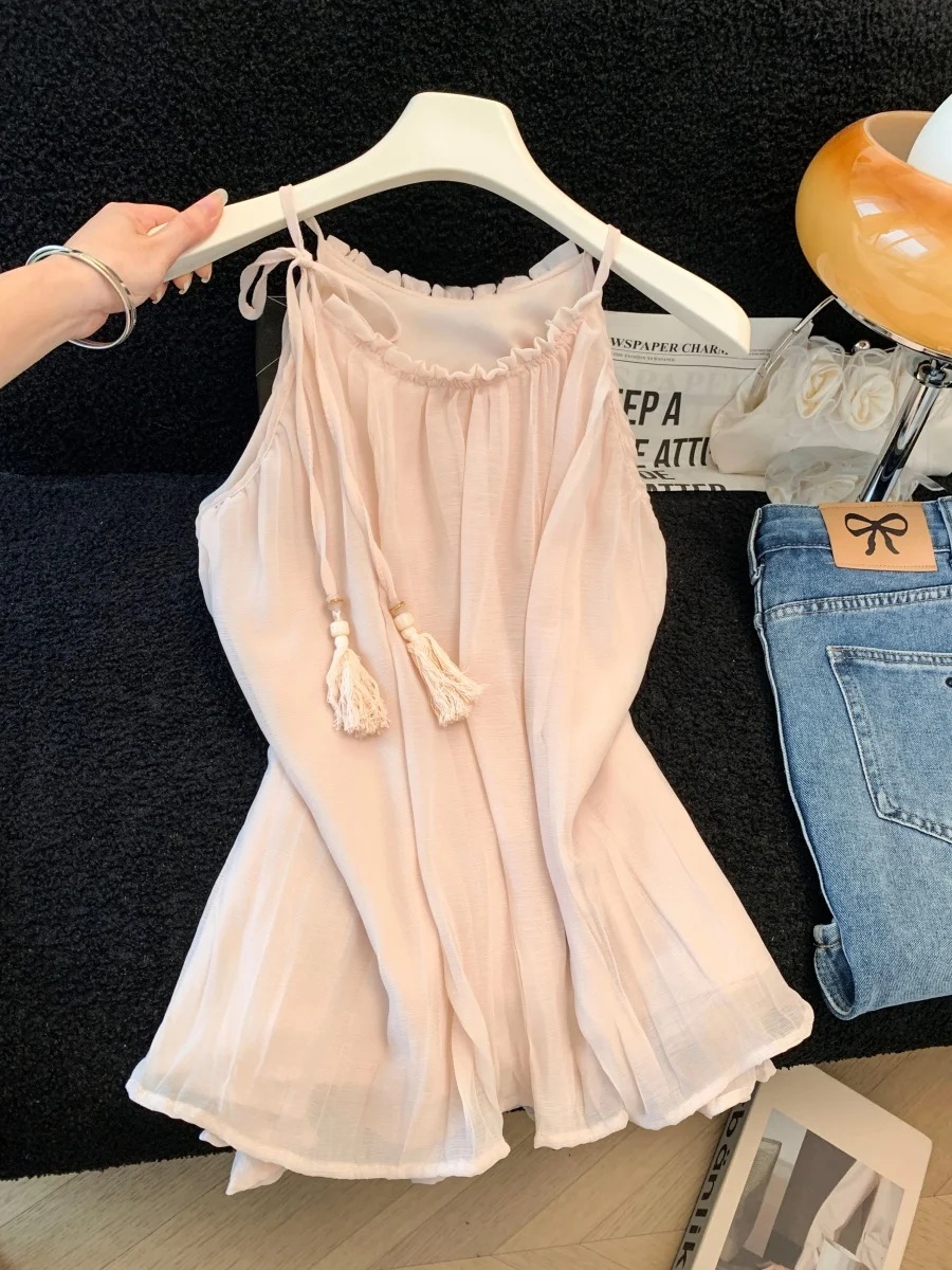 Sakura Pink Off-Shoulder Vest Women Summer New Style Age-Defying Tie-Band Chiffon Loose Top round Neck Polyester Fiber
Sakura Pink Off-Shoulder Vest Women Summer New Style Age-Defying Tie-Band Chiffon Loose Top round Neck Polyester Fiber