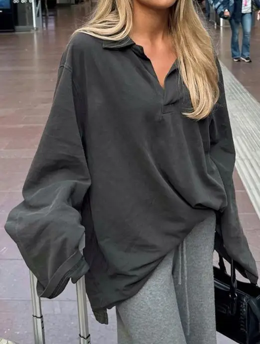 Autumn Casual Vacation Style Loose Long Sleeved Sweatshirt for Women, Solid Color Lapel Casual Loose Long Sleeved T-Shirt
Autumn Casual Vacation Style Loose Long Sleeved Sweatshirt for Women, Solid Color Lapel Casual Loose Long Sleeved T-Shirt