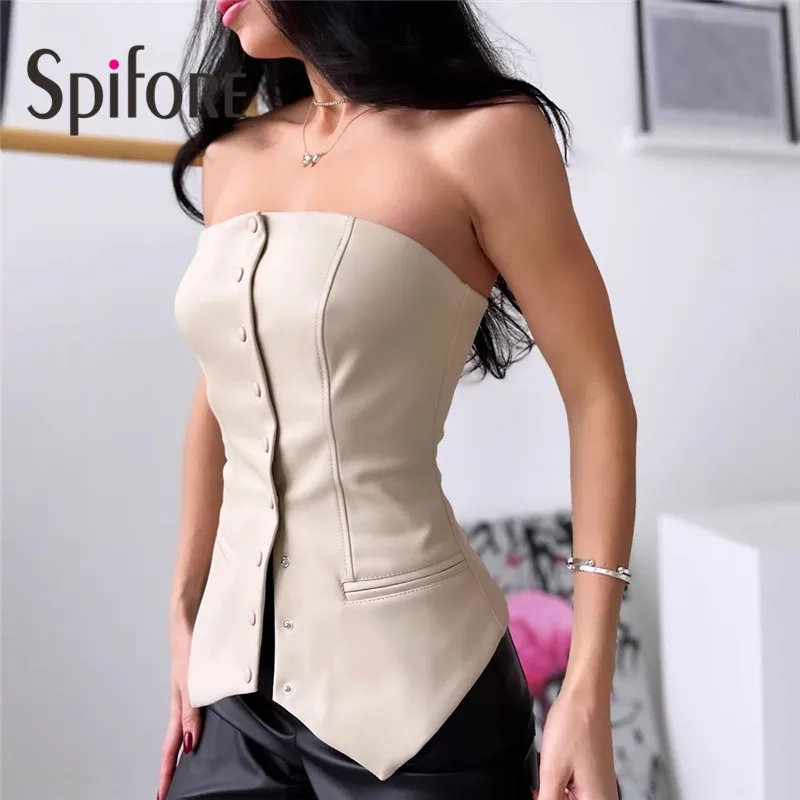 Spifore New Fashion Leather PU Women Tanks Top 2025 Summer Strapless Backless Button Slim Cropped Sexy Nightclub Party Vest
Spifore New Fashion Leather PU Women Tanks Top 2025 Summer Strapless Backless Button Slim Cropped Sexy Nightclub Party Vest