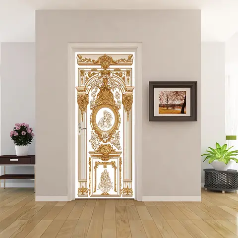 1pcs Self Adhesive Removable Vinyl Door Stickers Baroque style gold relief decorative door stickers European retro pattern Roman