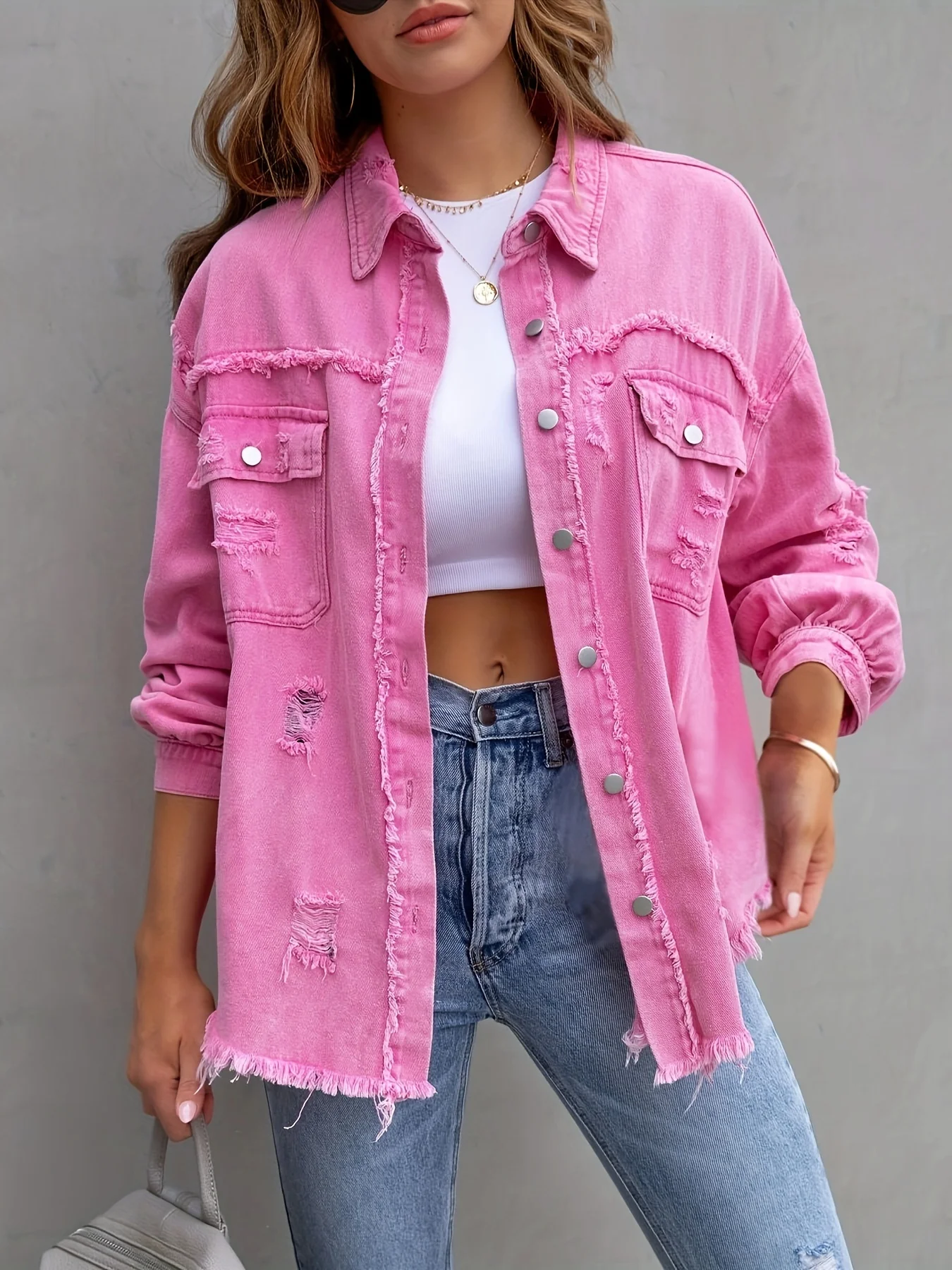 Plus Size Women's Pink Distressed Frayed Denim Jacket, Lapel Long Sleeve Oversized Shirt Jacket, Sweet & Edgy Statement Top
Plus Size Women's Pink Distressed Frayed Denim Jacket, Lapel Long Sleeve Oversized Shirt Jacket, Sweet & Edgy Statement Top