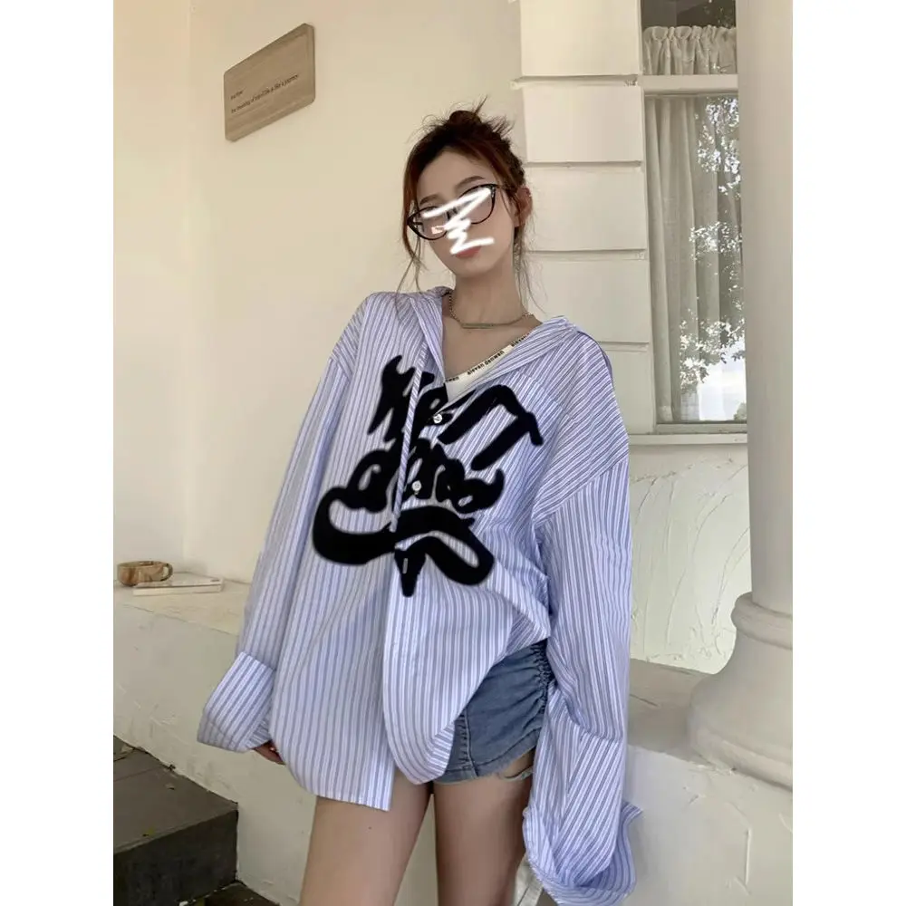 Women's Letter Printed Hooded Blue Striped Long Sleeved Shirt Fashion Couple Top Clothes Female Retro Street Loose Shirt
Women's Letter Printed Hooded Blue Striped Long Sleeved Shirt Fashion Couple Top Clothes Female Retro Street Loose Shirt