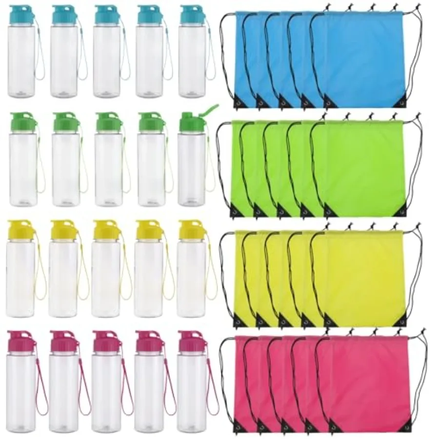 20 Pack Reusable Plastic Water Bottles, 17 oz with Flip Lid and Detachable Handle, Plus 20 Polyester Drawstring Backpacks, Mult
20 Pack Reusable Plastic Water Bottles, 17 oz with Flip Lid and Detachable Handle, Plus 20 Polyester Drawstring Backpacks, Mult