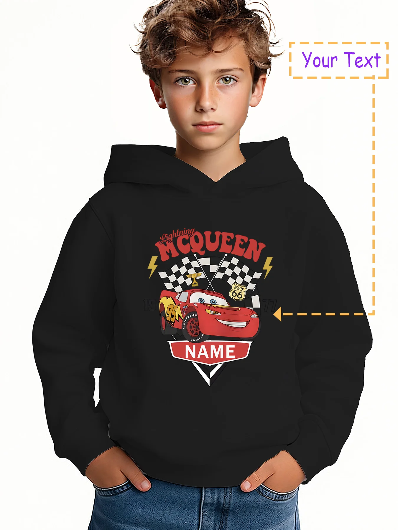 MINISO Lightning McQueen Classic Hoodie - Lightning McQueen's classic race car, customizable with "NAME." Featuring Cars element 
MINISO Lightning McQueen Classic Hoodie - Lightning McQueen's classic race car, customizable with "NAME." Featuring Cars element