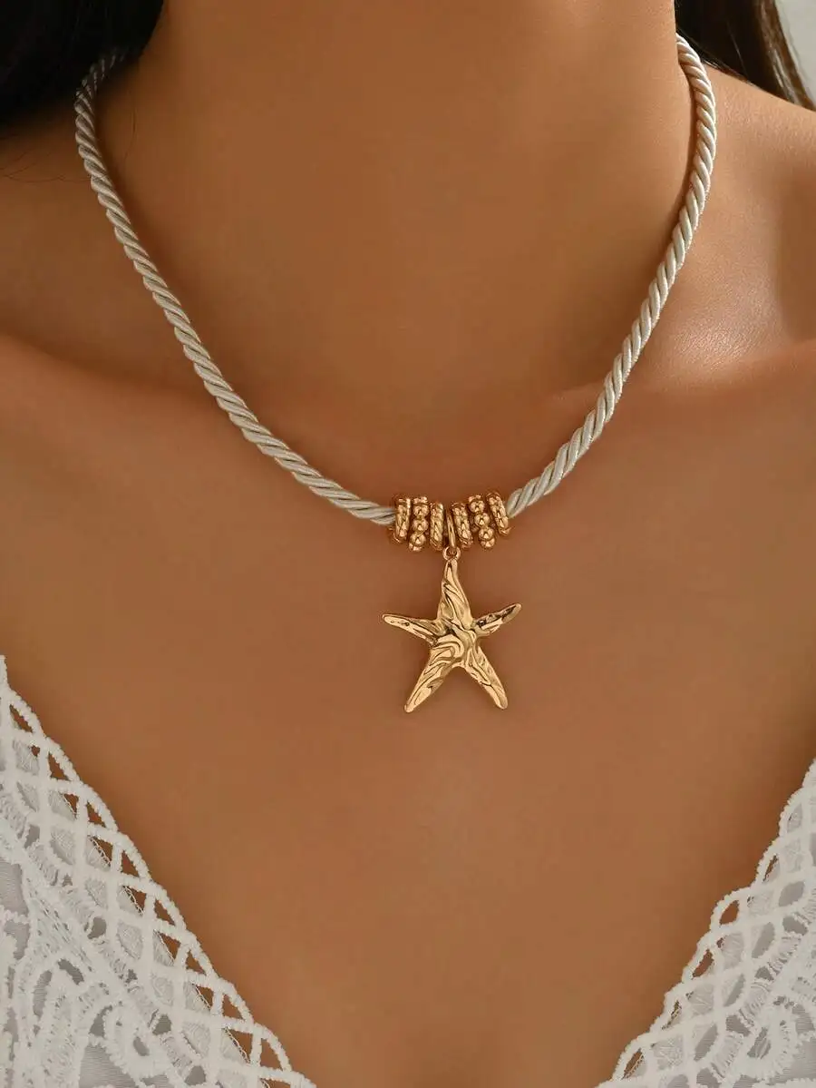 Minimalist Bohemian Starfish Pendant Choker Necklace On White Braided Rope For Women
Minimalist Bohemian Starfish Pendant Choker Necklace On White Braided Rope For Women