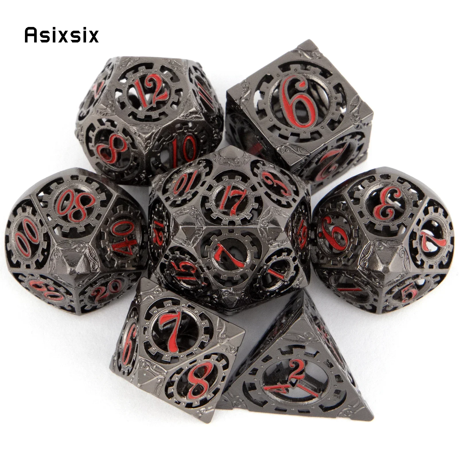 7 Pcs Black Red Gear Wheel Metal Dice Hollow Metal Polyhedral Dice Set Suitable for Role-Playing RPG Board Game Gift
7 Pcs Black Red Gear Wheel Metal Dice Hollow Metal Polyhedral Dice Set Suitable for Role-Playing RPG Board Game Gift