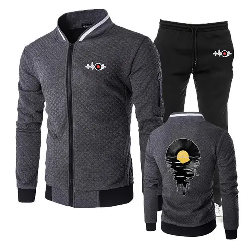 2025 Music Lover Spring And Autumn Man's Fashion Slim Sets DJ Phonograph Record Print New Zipper Hoodies + Long Pants Suit