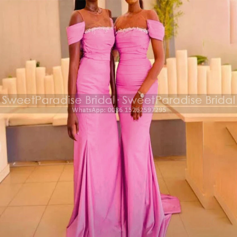 Customized Mermaid Bridesmaid Dresses With Short Sleeves Appliques Sheer Neck Dark Pink Long Sheath Wedding Party Dress
Customized Mermaid Bridesmaid Dresses With Short Sleeves Appliques Sheer Neck Dark Pink Long Sheath Wedding Party Dress