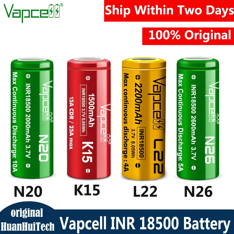 Original Vapcell N20 2000mAh 10A K15 1500mAh 15A L22 2200mah 4A N26 2600mah 5A INR 18500 3.7V Battery For Flashlight And Toys
Original Vapcell N20 2000mAh 10A K15 1500mAh 15A L22 2200mah 4A N26 2600mah 5A INR 18500 3.7V Battery For Flashlight And Toys