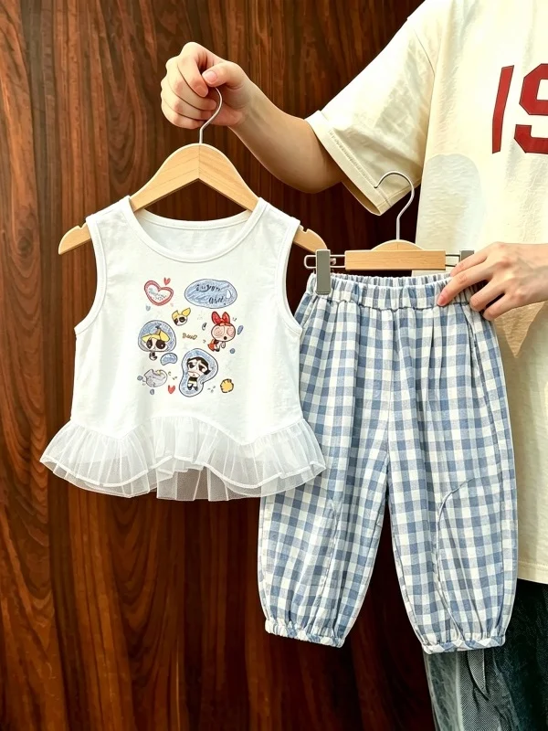 Girls Summer New Cartoon Lace Sleeveless Vest Top And Plaid Trousers Casual Two-Piece Set Floral Backless Upper Body Pla...
Girls Summer New Cartoon Lace Sleeveless Vest Top And Plaid Trousers Casual Two-Piece Set Floral Backless Upper Body Pla...