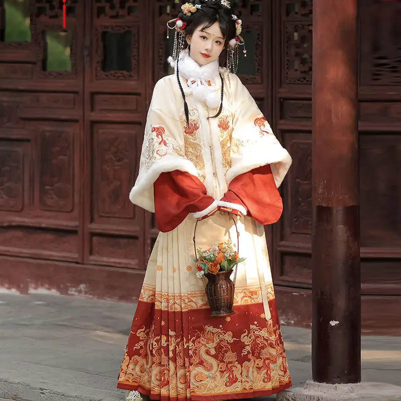Hanfu female New Year's greeting clothes, lined warm cloak, horse-face skirt set, improved ancient costume
Hanfu female New Year's greeting clothes, lined warm cloak, horse-face skirt set, improved ancient costume