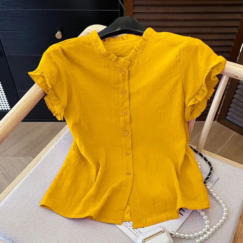 Однобортная однотонная шифоновая блузка с короткими рукавами для женщин, лето 202, тонкая и стильная
Однобортная однотонная шифоновая блузка с короткими рукавами для женщин, лето 202, тонкая и стильная