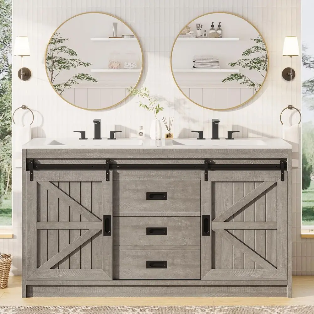 Double Farmhouse Bathroom Vanity with Sink, 61in Sliding Barn Door Bathroom Storage Cabinet with Sliding Doors amp Drawers, Dua
Double Farmhouse Bathroom Vanity with Sink, 61in Sliding Barn Door Bathroom Storage Cabinet with Sliding Doors amp Drawers, Dua