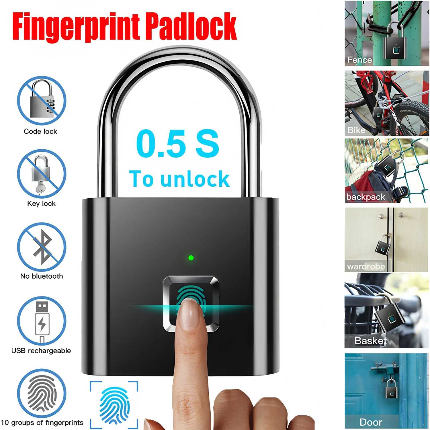 IPX4 Waterproof Smart Fingerprint Padlock Type-C Rechargeable Keyless Security Lock for House Gate Cabinet
IPX4 Waterproof Smart Fingerprint Padlock Type-C Rechargeable Keyless Security Lock for House Gate Cabinet