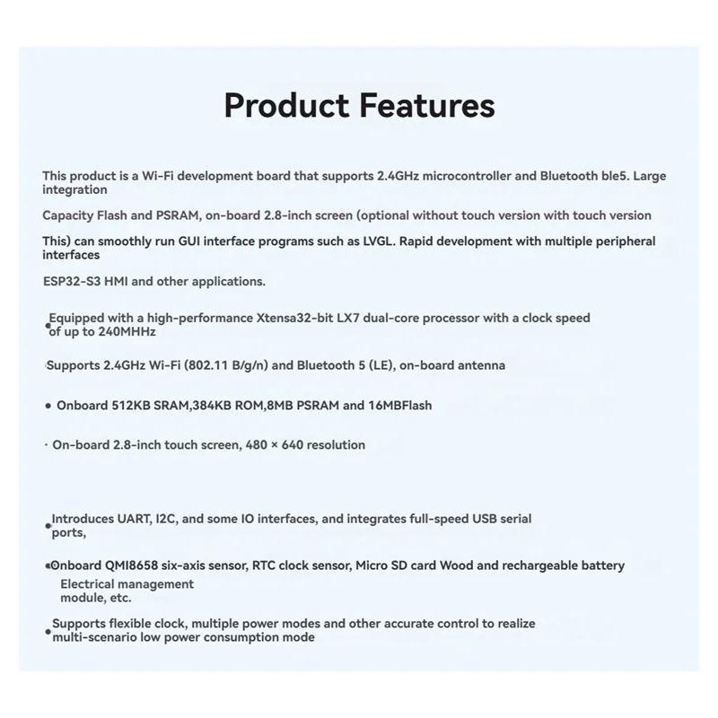 Новый! !ESP32-S3 2,8-дюймовая плата для разработки емкостного дисплея IPS с встроенной антенной ESP32 Поддержка дисплея Bluetooth Wi-Fi
Новый! !ESP32-S3 2,8-дюймовая плата для разработки емкостного дисплея IPS с встроенной антенной ESP32 Поддержка дисплея Bluetooth Wi-Fi