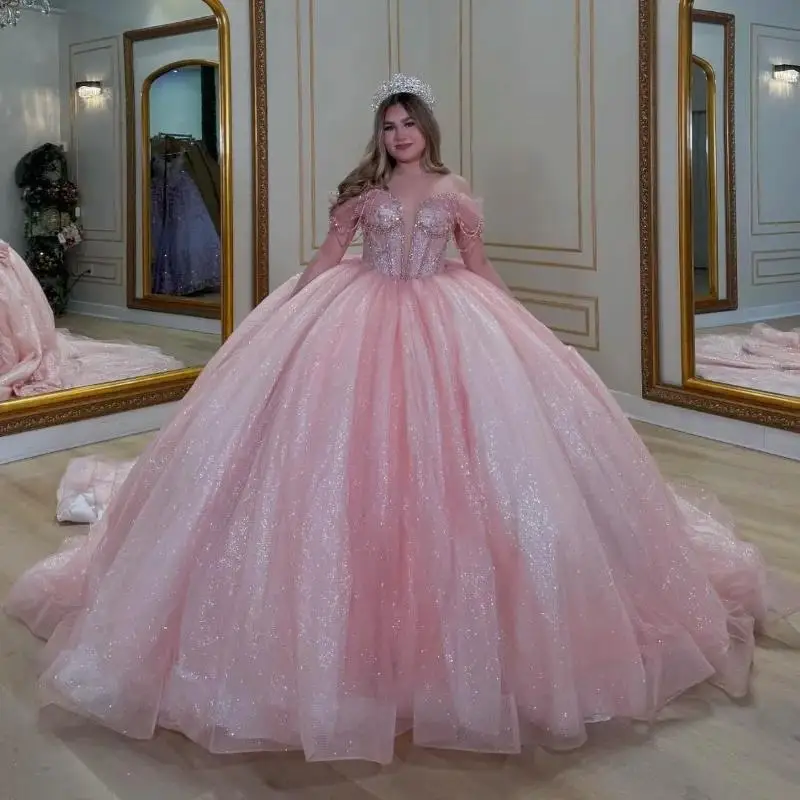 Customized Pink Shiny Quinceanera Dresses Ball Gown Off Shoulder Beading Bow Tull Corset Birthday Party Sweet 16 Dress Vestidos
Customized Pink Shiny Quinceanera Dresses Ball Gown Off Shoulder Beading Bow Tull Corset Birthday Party Sweet 16 Dress Vestidos