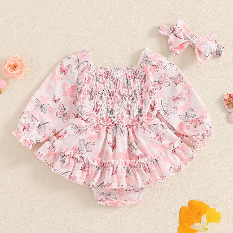 0-18 Months Newborn Girl Outfit Long Sleeve Square Neck Flower/Butterfly Print A-line Romper Dress with Bowknot Headband Clothes
0-18 Months Newborn Girl Outfit Long Sleeve Square Neck Flower/Butterfly Print A-line Romper Dress with Bowknot Headband Clothes