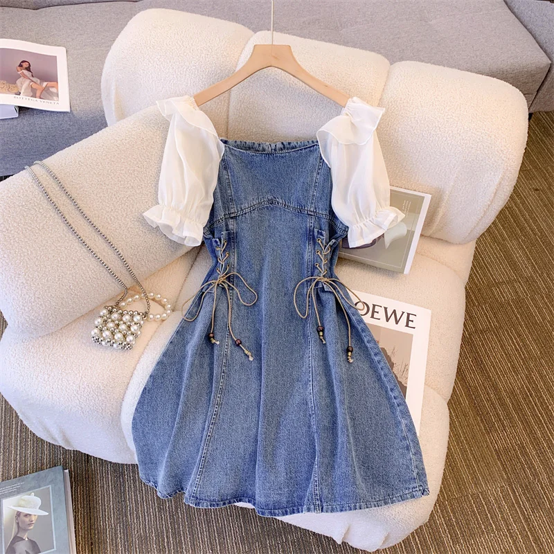 French Patchwork Denim Dress For Women Summer Elastic Waist Square Neck Casual Dress New All Match Puffed-sleeve A-line Skirts
French Patchwork Denim Dress For Women Summer Elastic Waist Square Neck Casual Dress New All Match Puffed-sleeve A-line Skirts