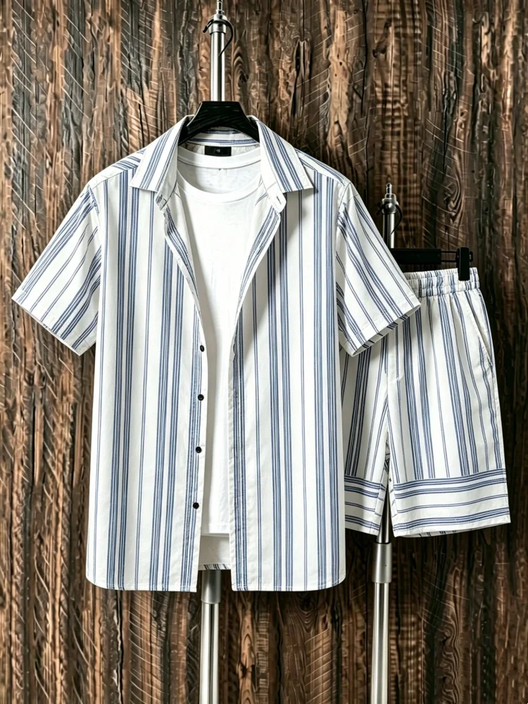Men's Short Sleeve Shirt & Shorts Set, Loose Comfort White Blue Stripe Casual Summer Outfit, Breathable & Stylish
Men's Short Sleeve Shirt & Shorts Set, Loose Comfort White Blue Stripe Casual Summer Outfit, Breathable & Stylish