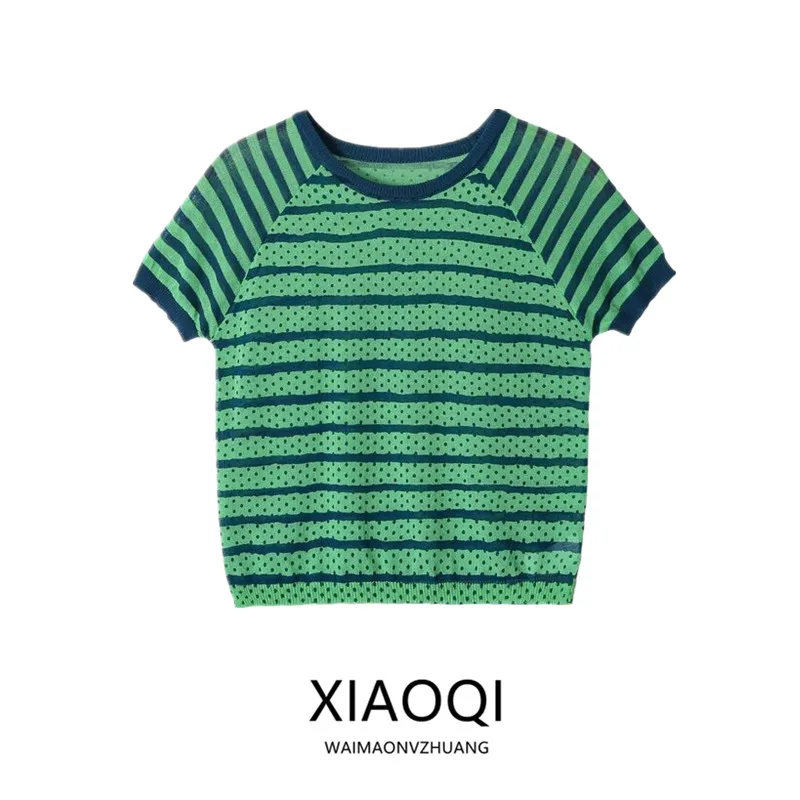 Summer New Women's Knitted Short Sleeve round Neck Polka Dot Striped Top Casual Loose Fit Comfortable Knitwear from China
Summer New Women's Knitted Short Sleeve round Neck Polka Dot Striped Top Casual Loose Fit Comfortable Knitwear from China