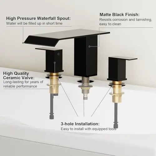 Matte Black Three-Hole Widespread Deck Mount Waterfall Tub Faucet Set With Dual Handles And Ceramic Valves
Matte Black Three-Hole Widespread Deck Mount Waterfall Tub Faucet Set With Dual Handles And Ceramic Valves
