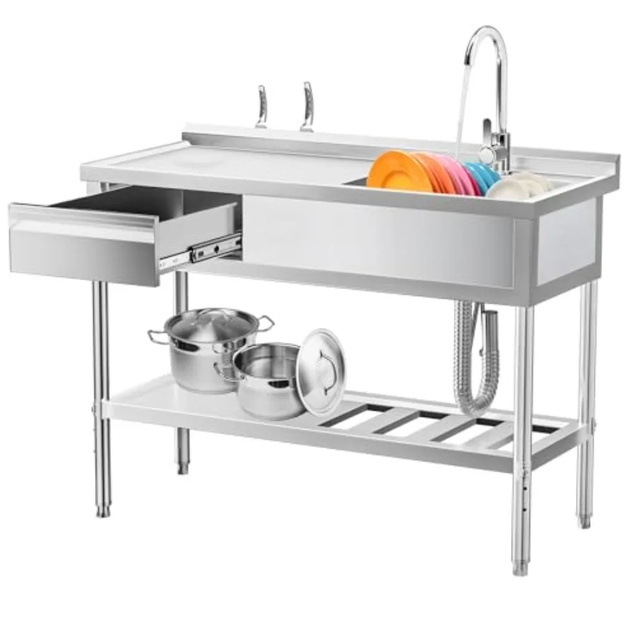 304 Stainless Steel Utility Sink Free Standing Single Bowl with Workbench, Storage Drawer and Faucet, Hot and Cold Water Pipes
304 Stainless Steel Utility Sink Free Standing Single Bowl with Workbench, Storage Drawer and Faucet, Hot and Cold Water Pipes
